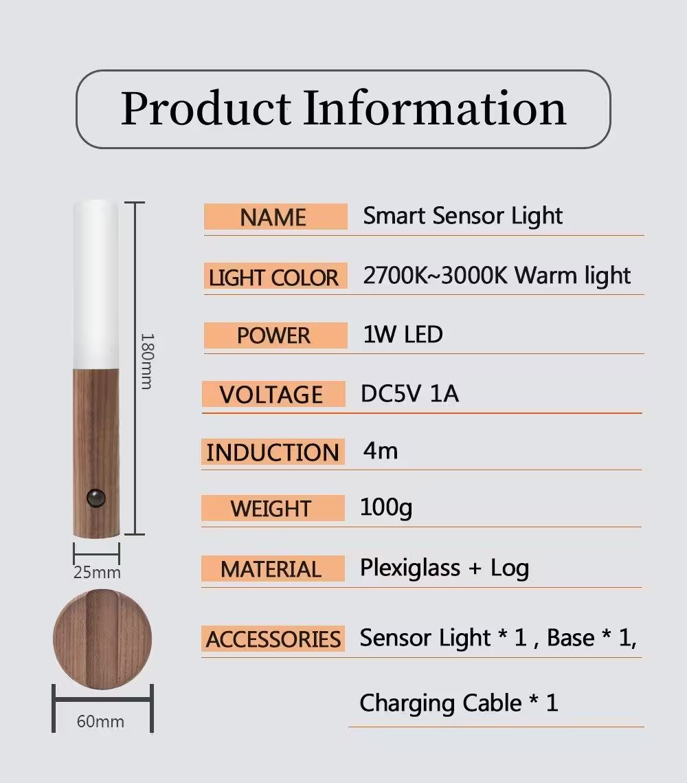 Product information card for a smart sensor light with specifications and dimensions.