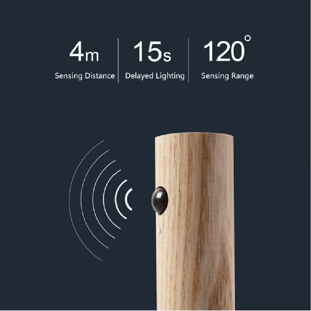 Wooden cylindrical object with sensor and text indicating sensing distance, delayed lighting, and sensing range on a dark background.