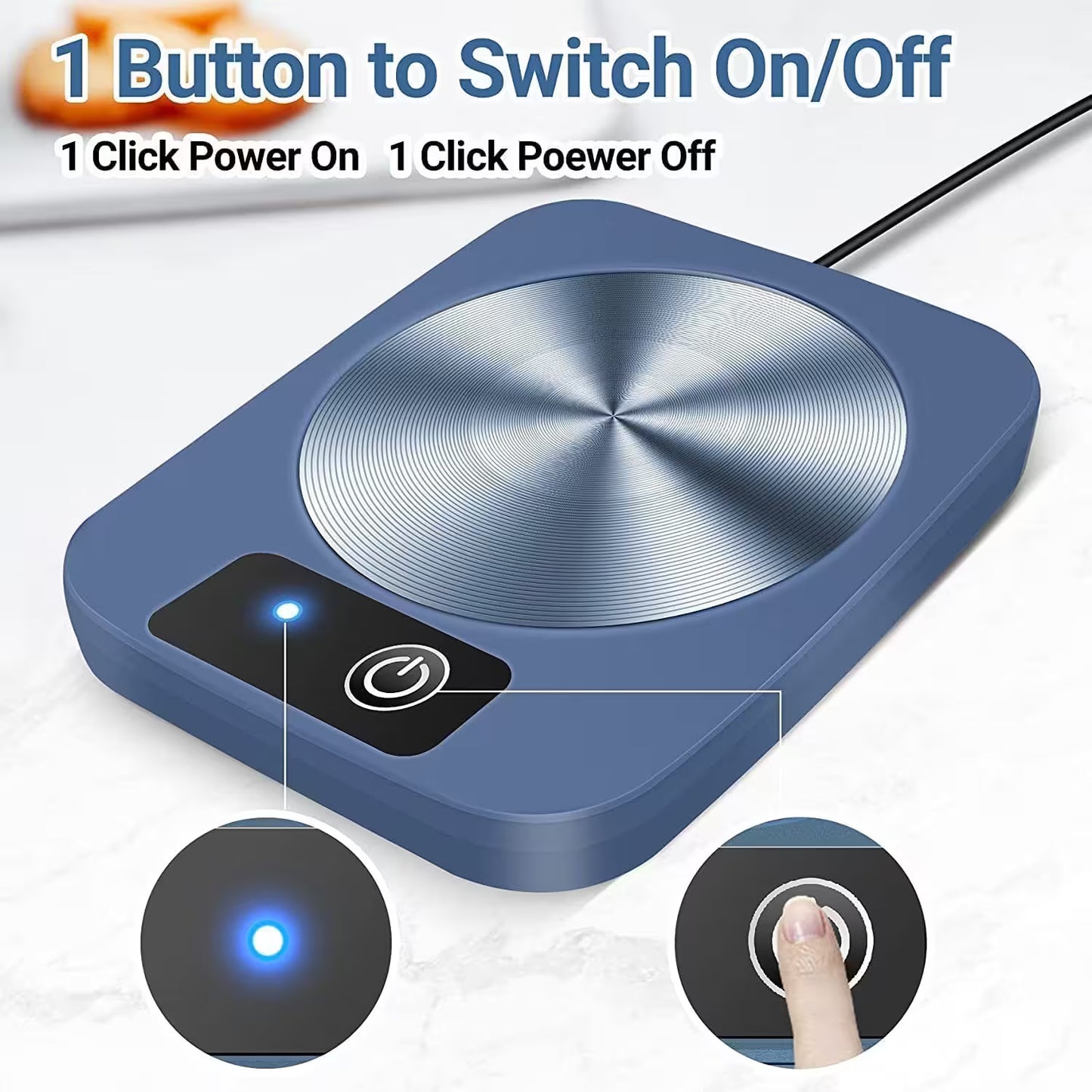 Blue power switch with power button and text indicating one-button control