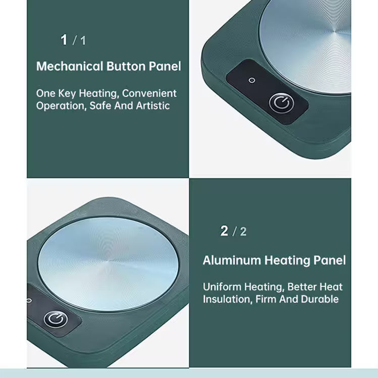 Portable electric stove with mechanical button panel and aluminum heating panel on a green background.
