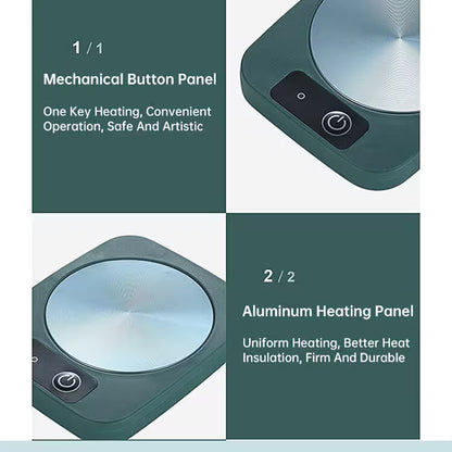 Portable electric stove with mechanical button panel and aluminum heating panel on a green background.
