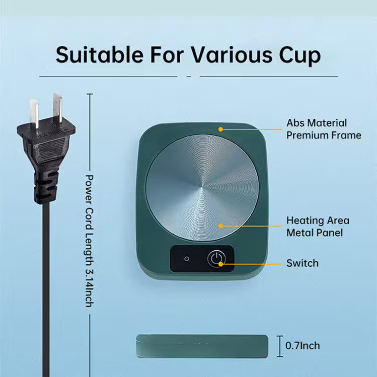 Hot cup warmer with labeled parts on a light blue background