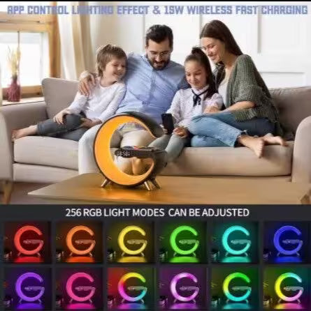 Family sitting on a couch with a colorful LED lamp, showcasing app control and wireless charging features.