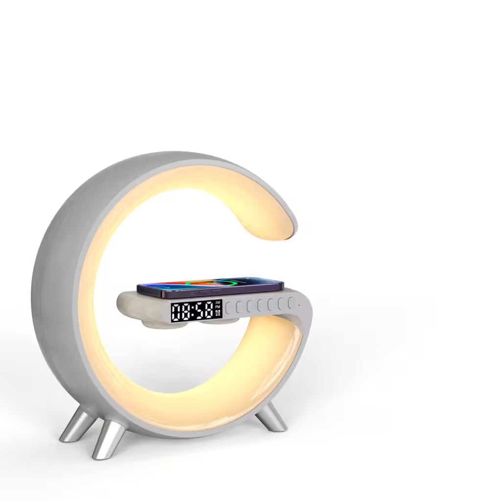 Modern alarm clock with a circular design and digital display on a white background