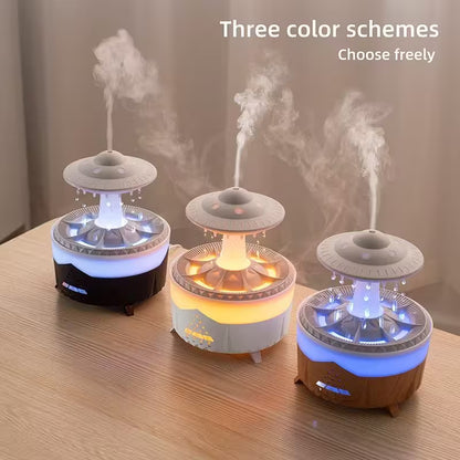 Three colorful humidifiers with LED lights on a wooden surface.