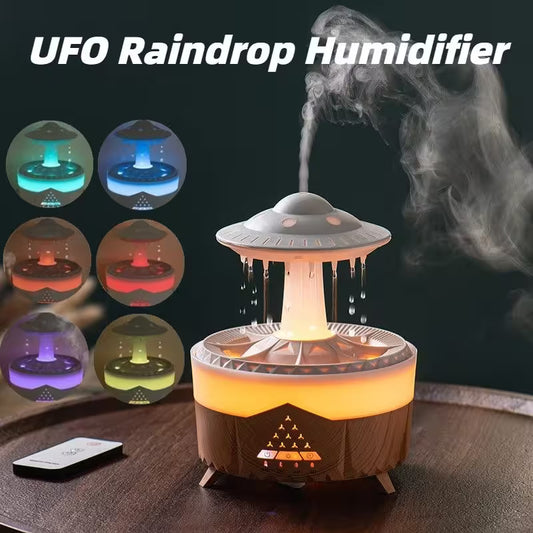 UFO raindrop humidifier with colorful light display on a dark background
