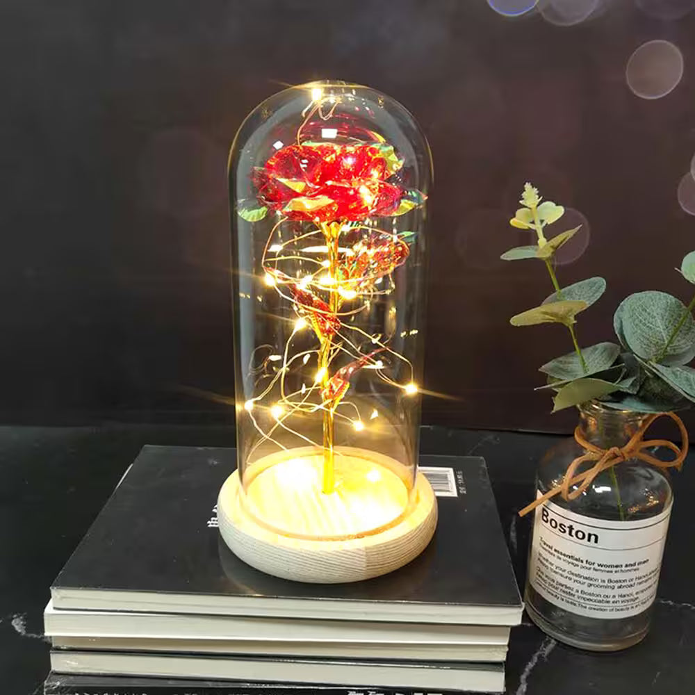 Decorative lamp with a red rose inside a glass dome on a dark surface.