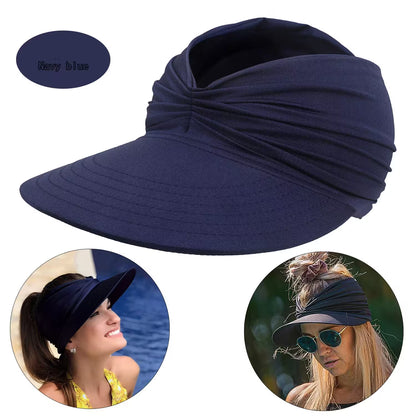 Navy blue visor cap with two inset images of people wearing it.