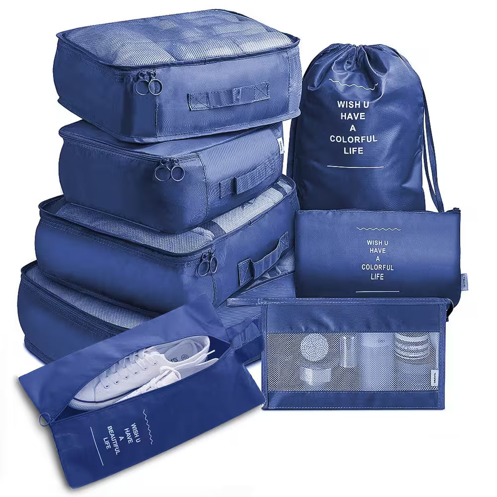 Set of blue packing cubes and bags with text on a white background
