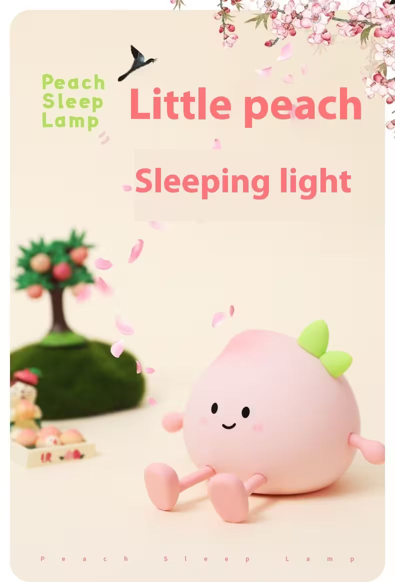 Pink peach-shaped sleep lamp with cherry blossoms and 'Little Peach Sleeping Light' text on a beige background.