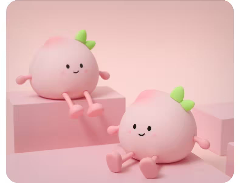 Two pink plush toys with green leaves on a pink background