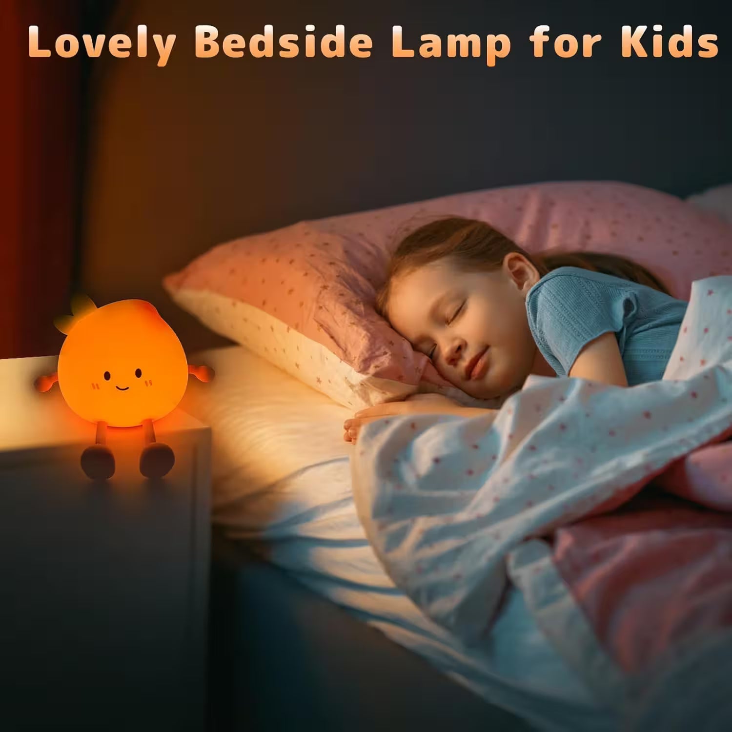 Child sleeping in bed with a glowing bedside lamp