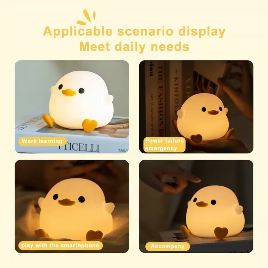  chick-shaped night light with various usage scenarios on a beige background