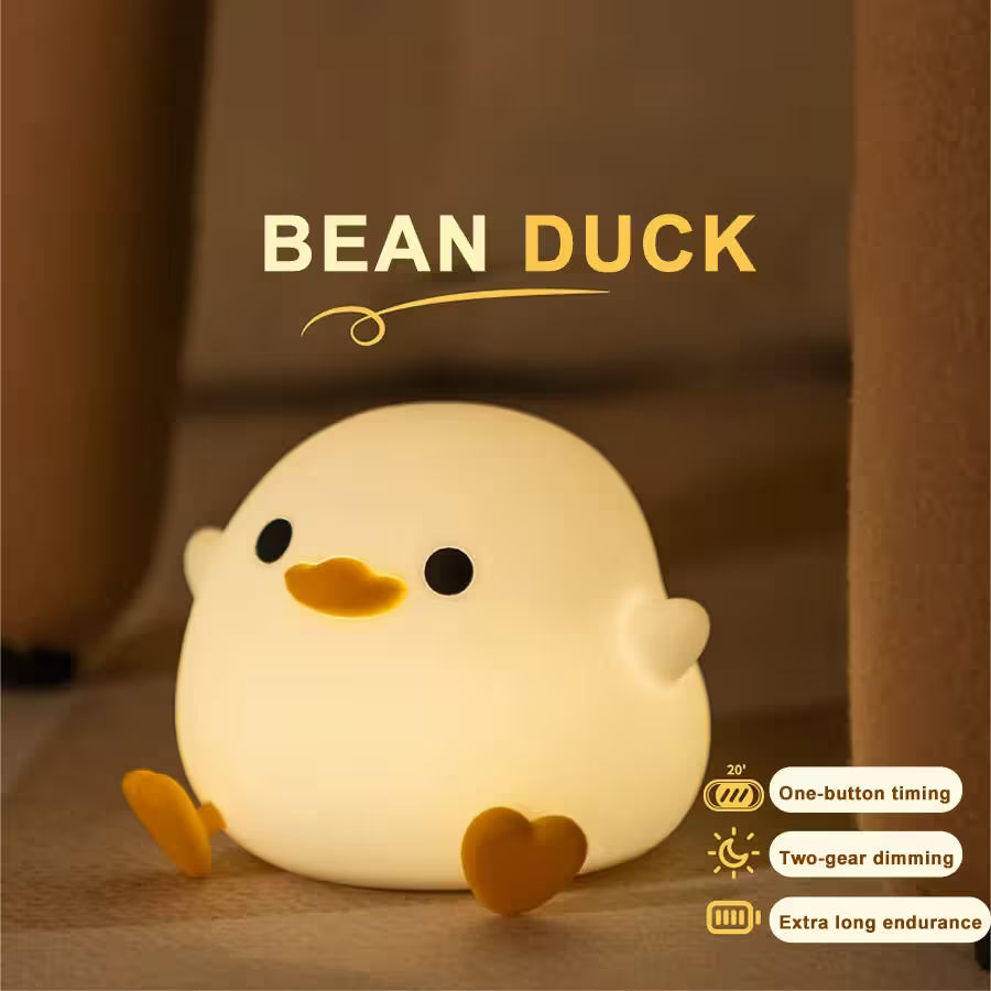Bean Duck night light with features listed on a brown background