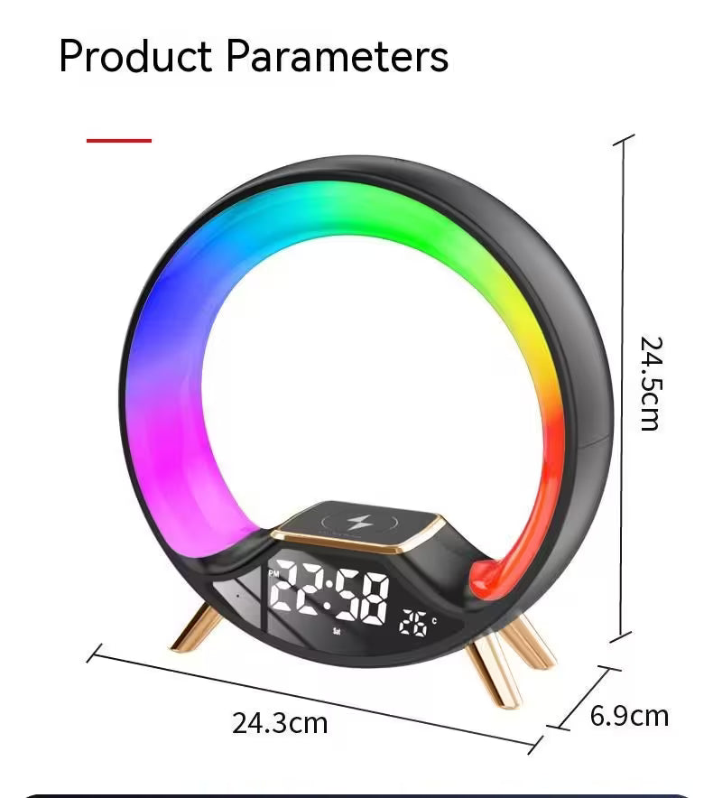 Round LED clock with colorful ring and digital display, showing product dimensions.