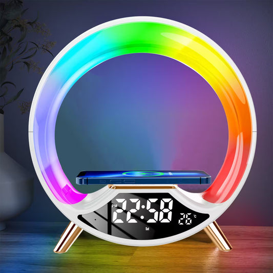 Colorful circular LED clock with digital display on a dark background