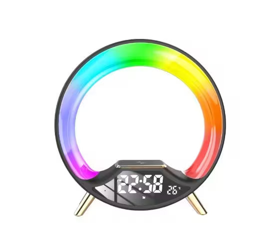 Colorful circular LED clock with digital display on a white background
