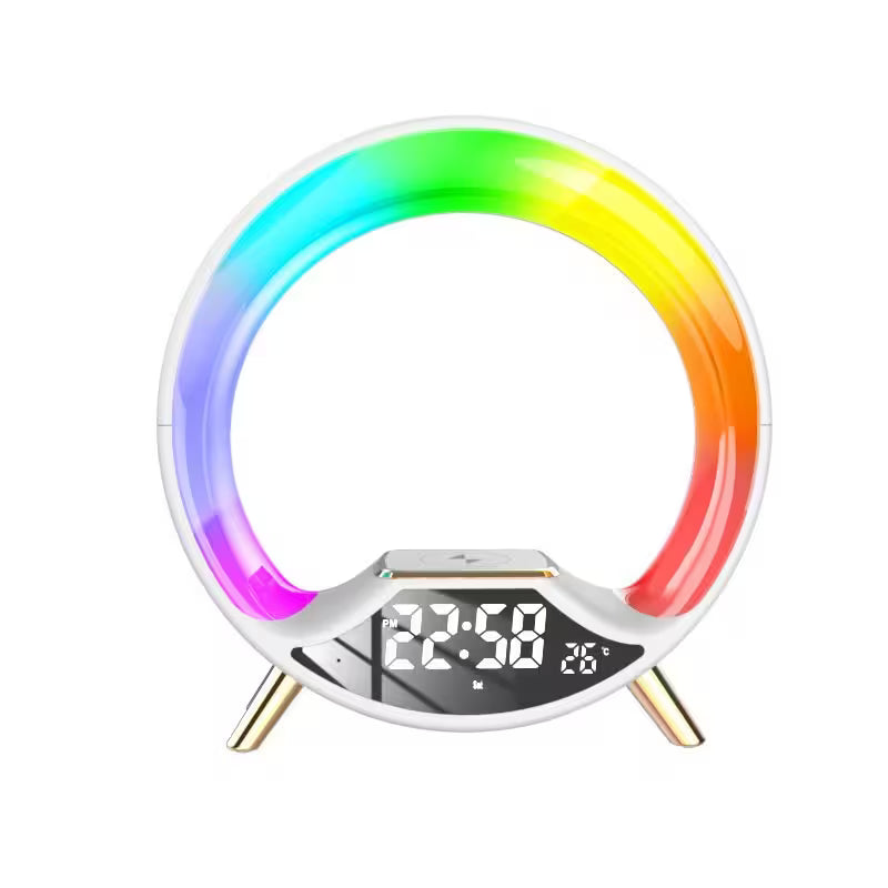Colorful circular clock with digital display on a white background