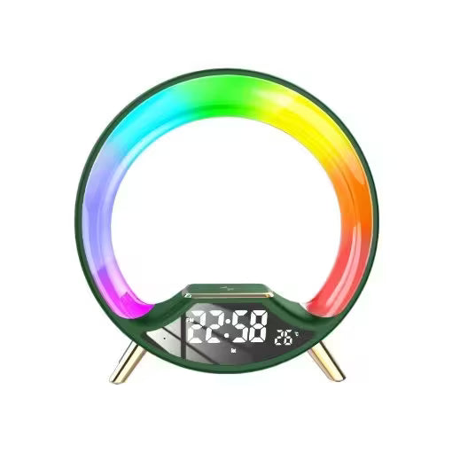 Colorful circular LED clock with digital display on a white background