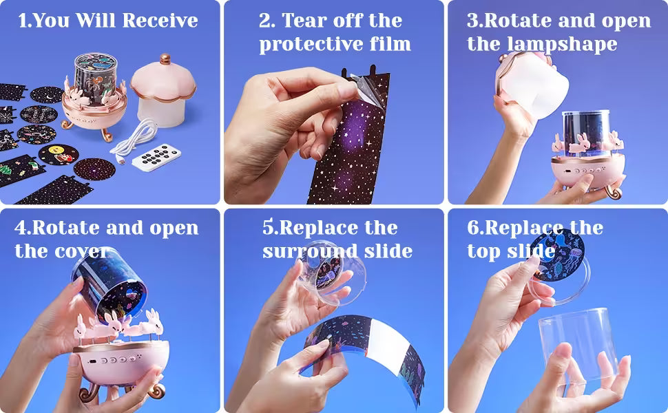 Step-by-step assembly instructions for a decorative item with hands performing each step on a blue background.