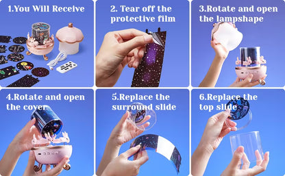 Step-by-step assembly instructions for a decorative item with hands performing each step on a blue background.