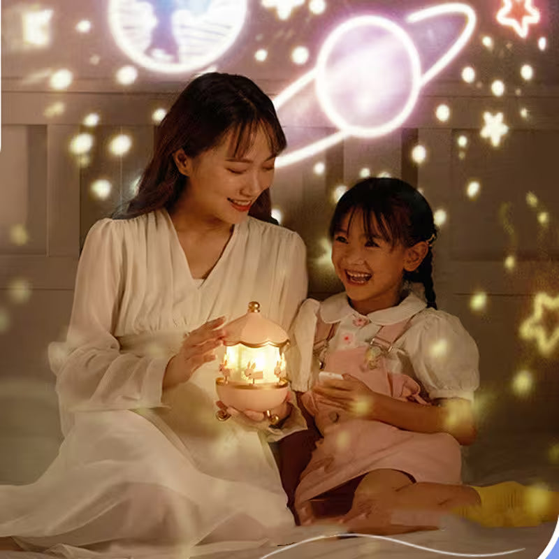 Woman and child holding a glowing lantern with decorative lights in the background