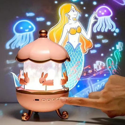 Decorative lamp with mermaid and jellyfish projection, hand interacting with it.