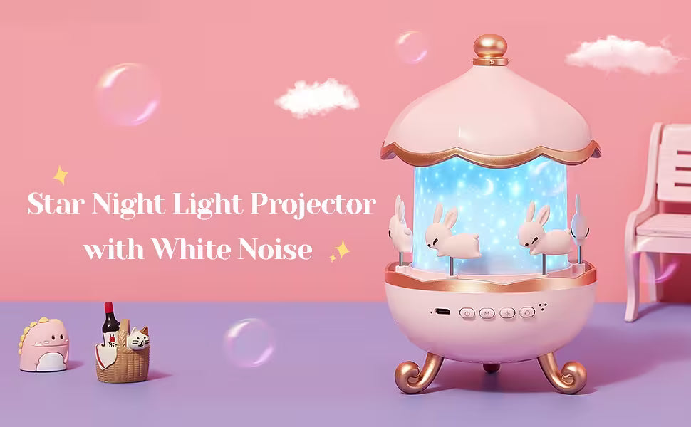 Star night light projector with white noise on a pink and purple gradient background