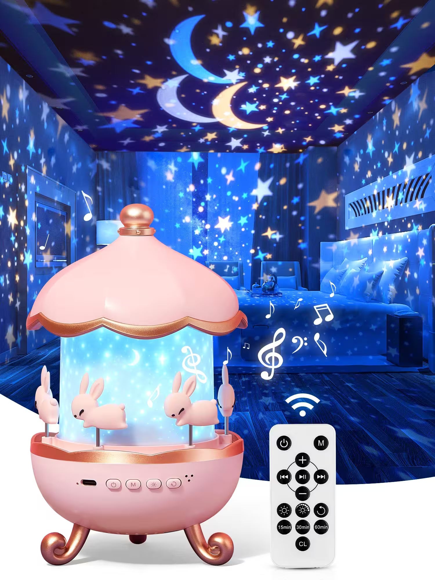 Pink carousel toy with rabbit figures and remote control in a room with starry ceiling projection.