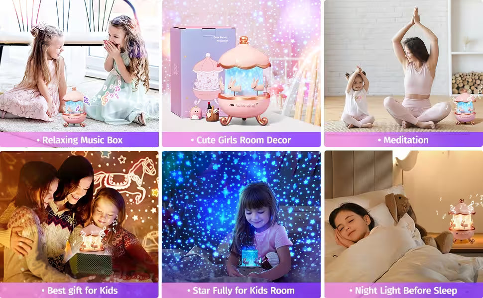 Collage of images featuring a children's night light with various uses and settings.