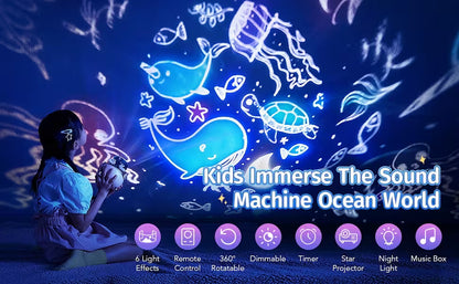 Child using a device with ocean-themed projections on a dark background