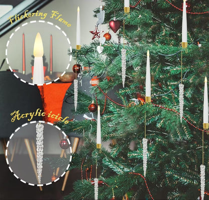 Decorative Christmas tree with candles and ornaments, highlighting acrylic and flickering flame effects.