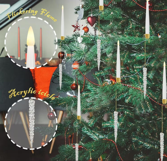 Decorative Christmas tree with candles and ornaments, highlighting acrylic and flickering flame effects.