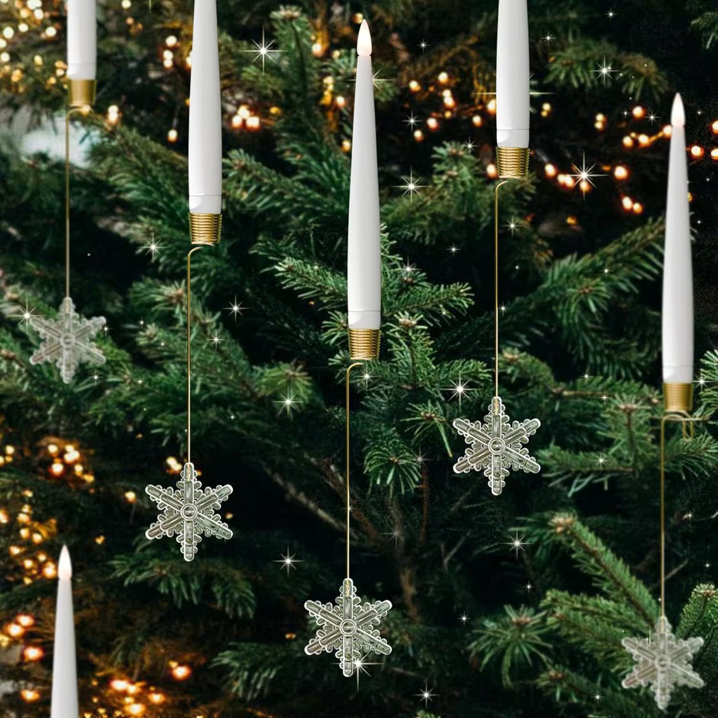 Decorative candles with snowflake ornaments hanging on a Christmas tree.