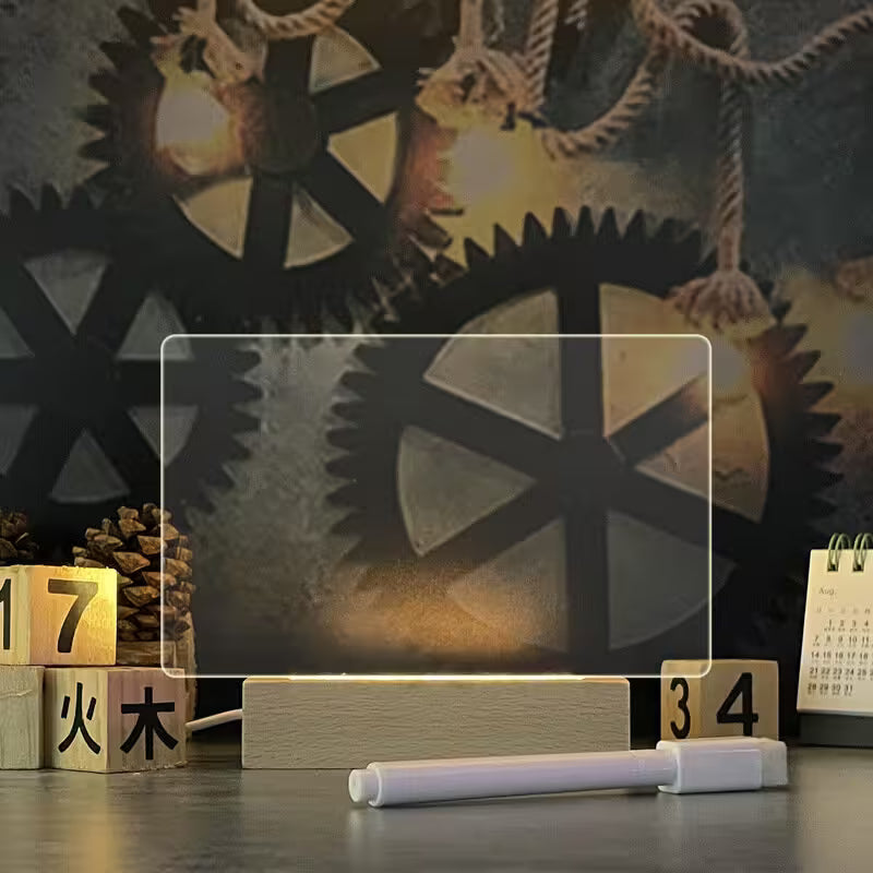 Decorative setup with gears, wooden blocks, and a calendar in a darkly lit room.