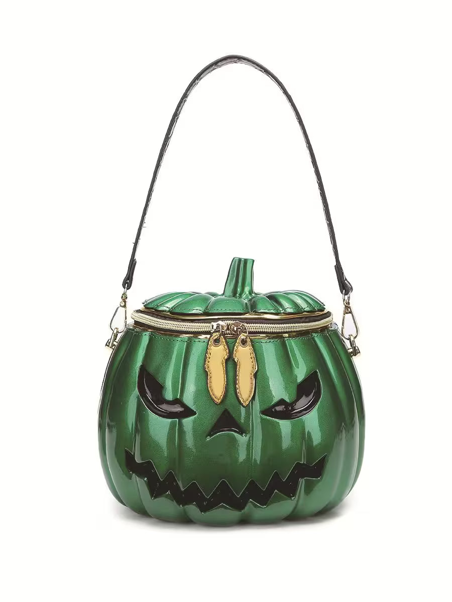 Green pumpkin-shaped handbag with a face design on a white background