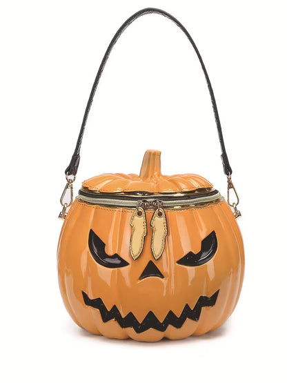 Pumpkin-shaped handbag with a face design on a white background