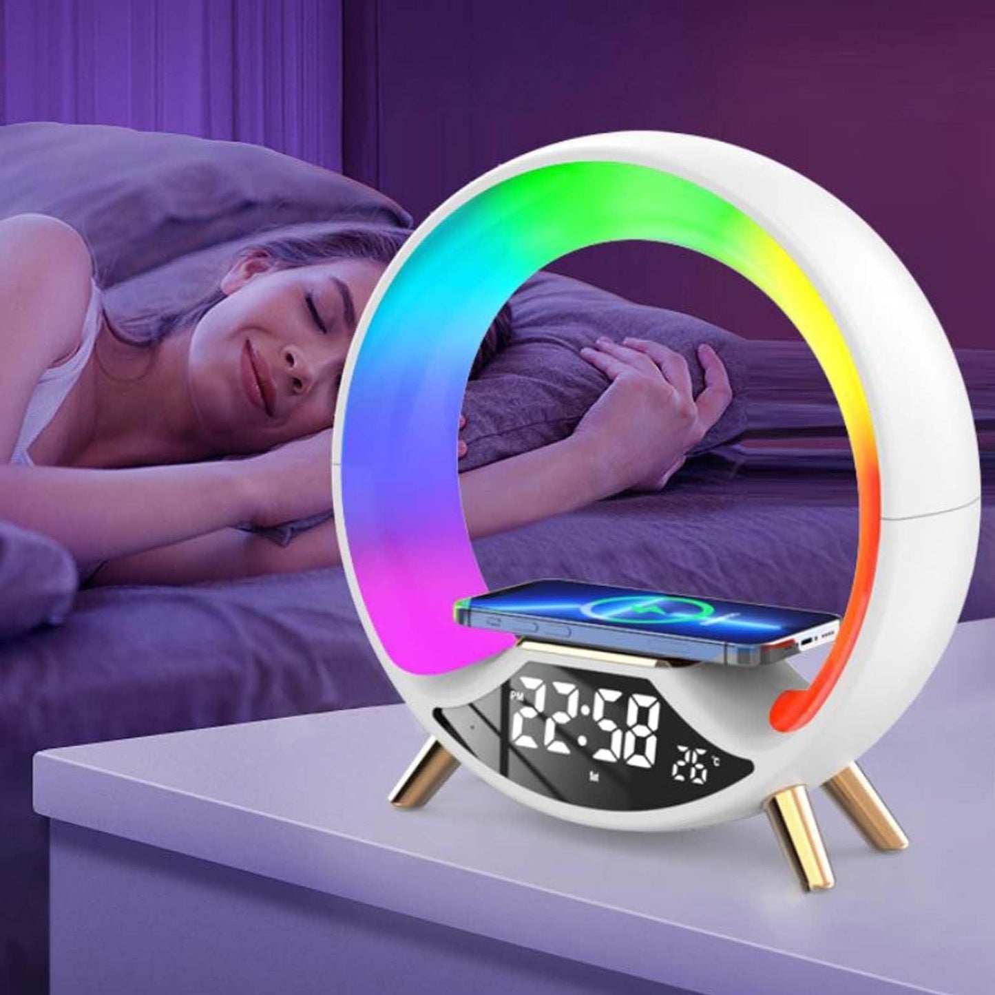 Multicolored LED night light with digital display on a bedside table, showing a person sleeping in the background.