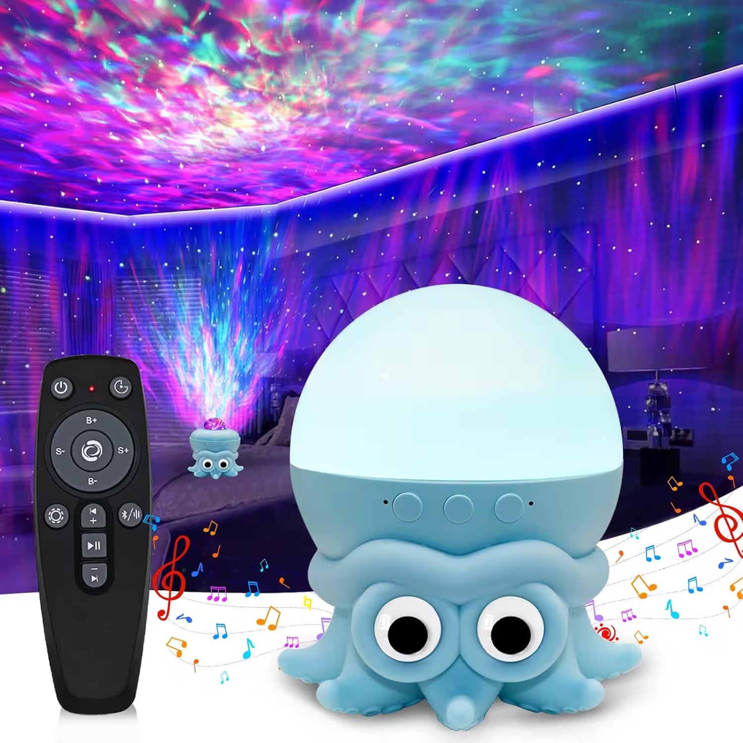 Blue octopus-shaped night light with remote control and colorful ceiling projection