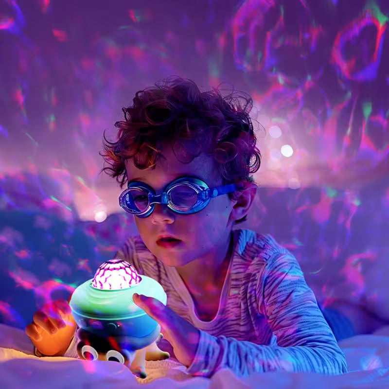 Child wearing goggles holding a colorful light toy with a starry night sky projection in the background.