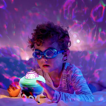 Child wearing goggles holding a colorful light toy with a starry night sky projection in the background.