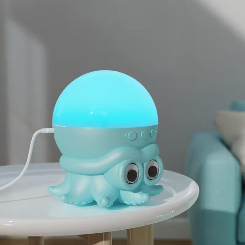 Toy octopus with a glowing blue light on a white surface