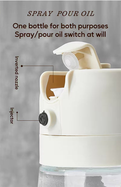 White oil bottle with spray and pour functions on a gray background