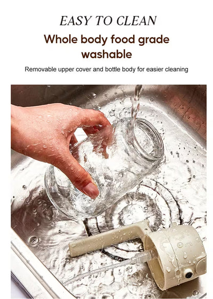 Hand washing a clear container with text about its washability and cleaning features.