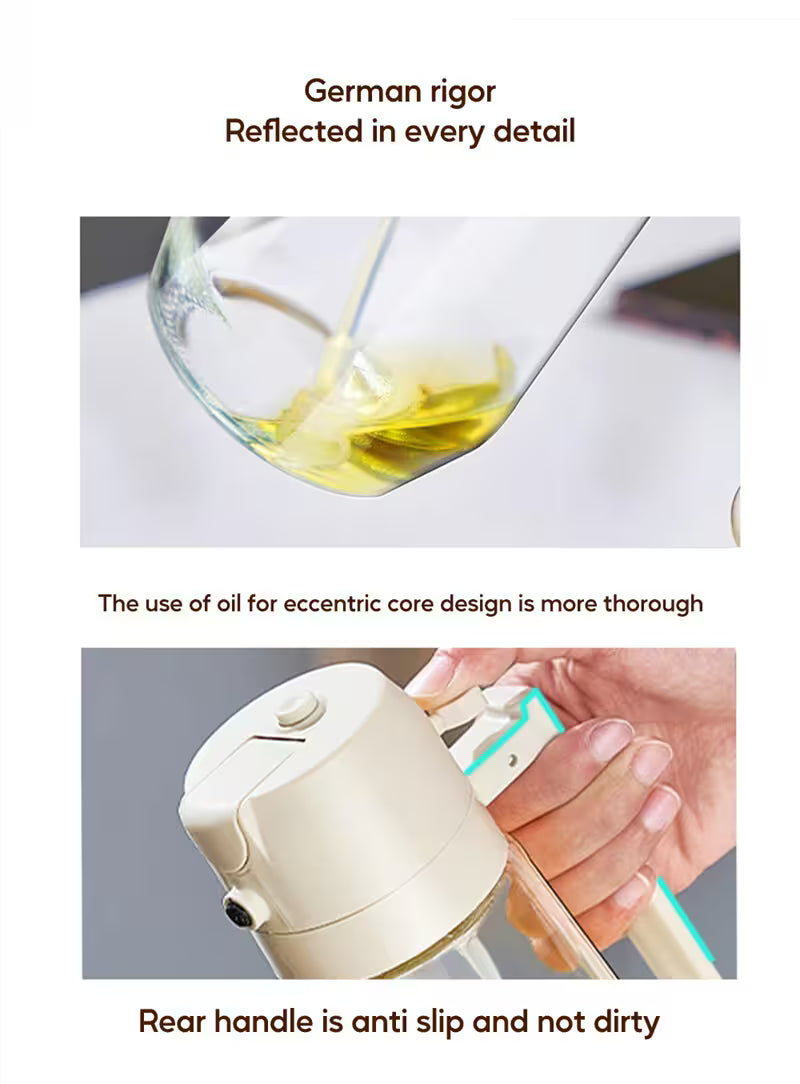 Product demonstration with oil being poured and a hand holding a tool, featuring text about product features.