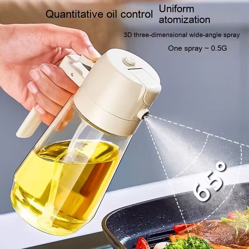 Oil sprayer being used to spray oil onto food with text highlighting features