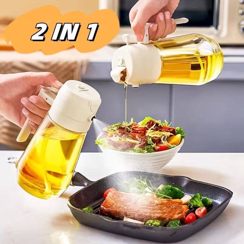 Two bottles of oil being used to cook a salad and sear meat on a pan.