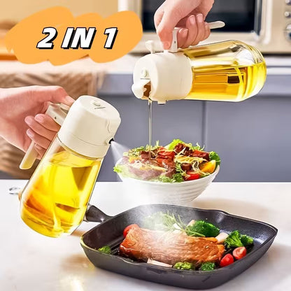 Two bottles of oil being used to cook a salad and sear meat on a pan.