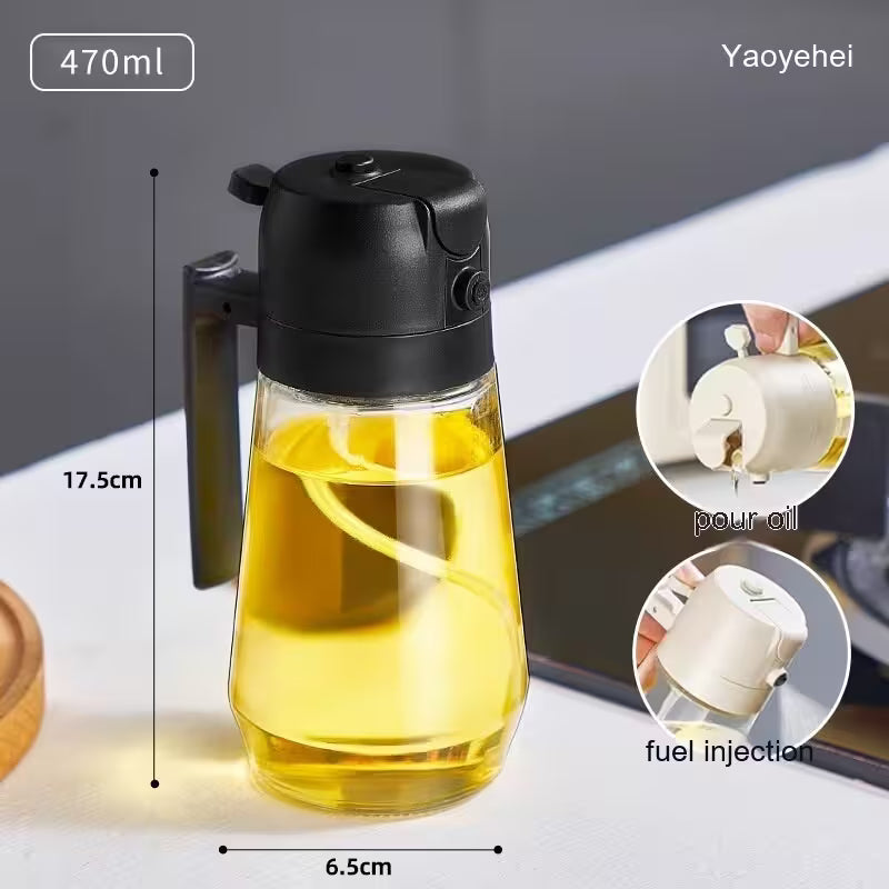 Glass oil dispenser with black cap, filled with oil, on a light surface with measurements and features displayed.