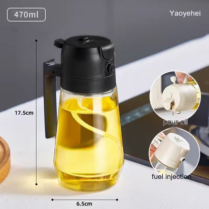 Glass oil dispenser with black cap, filled with oil, on a light surface with measurements and features displayed.